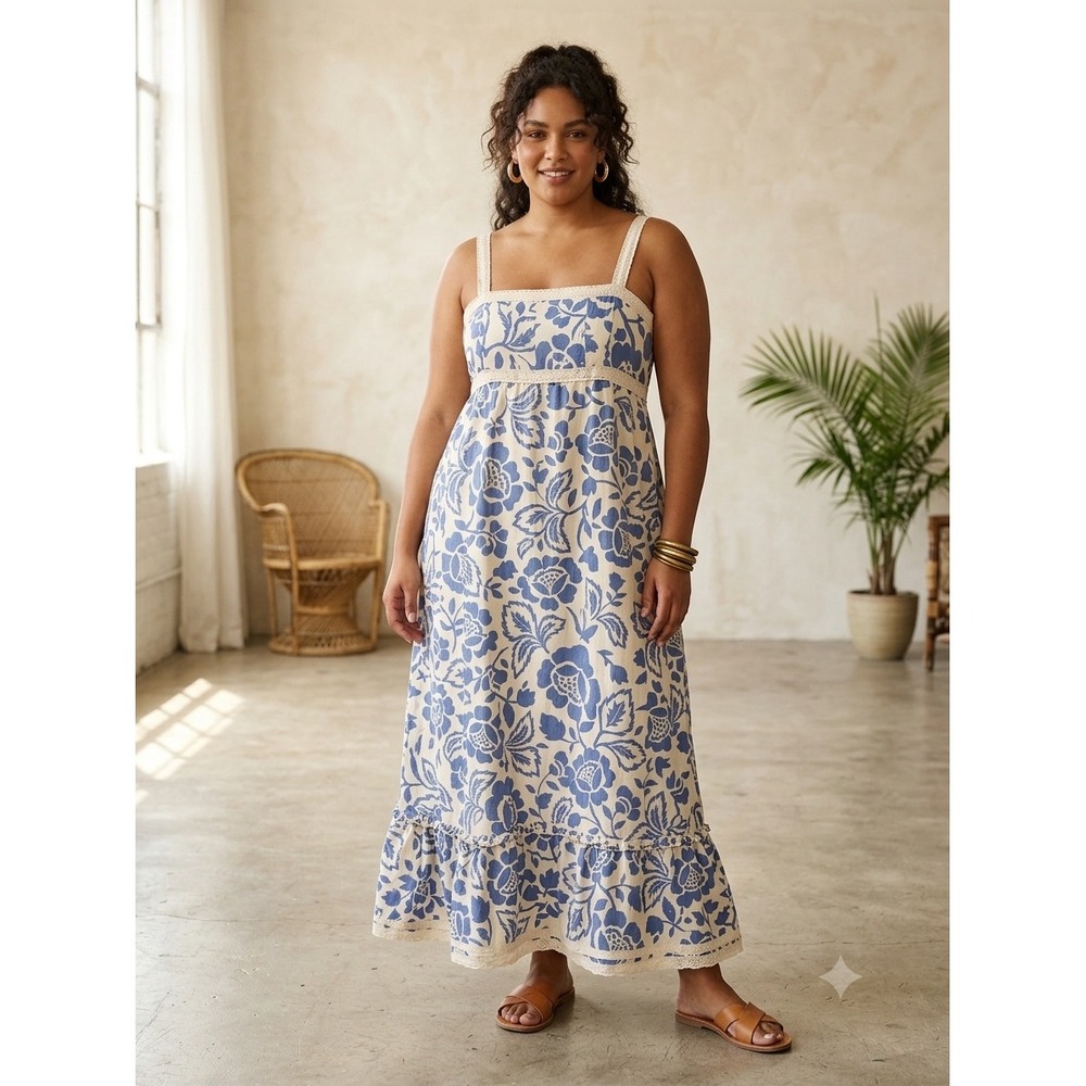 Lucy & Laurel Sz 12 Blue Floral Cotton Maxi Dress Empire Waist Eyelet Trim